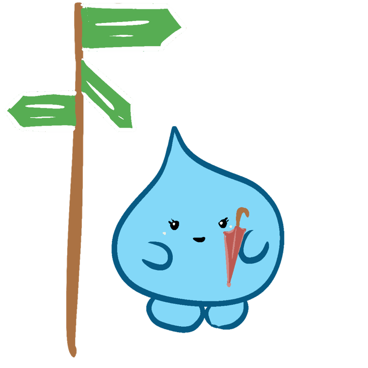 Student Water Project droplet mascot standing beside a signpost