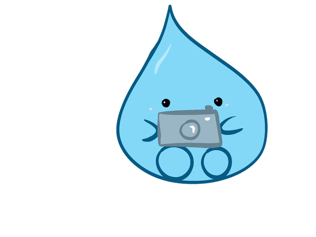 Student Water Project droplet mascot holding a camera