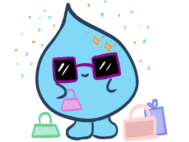 Student Water Project droplet mascot carrying shopping bags